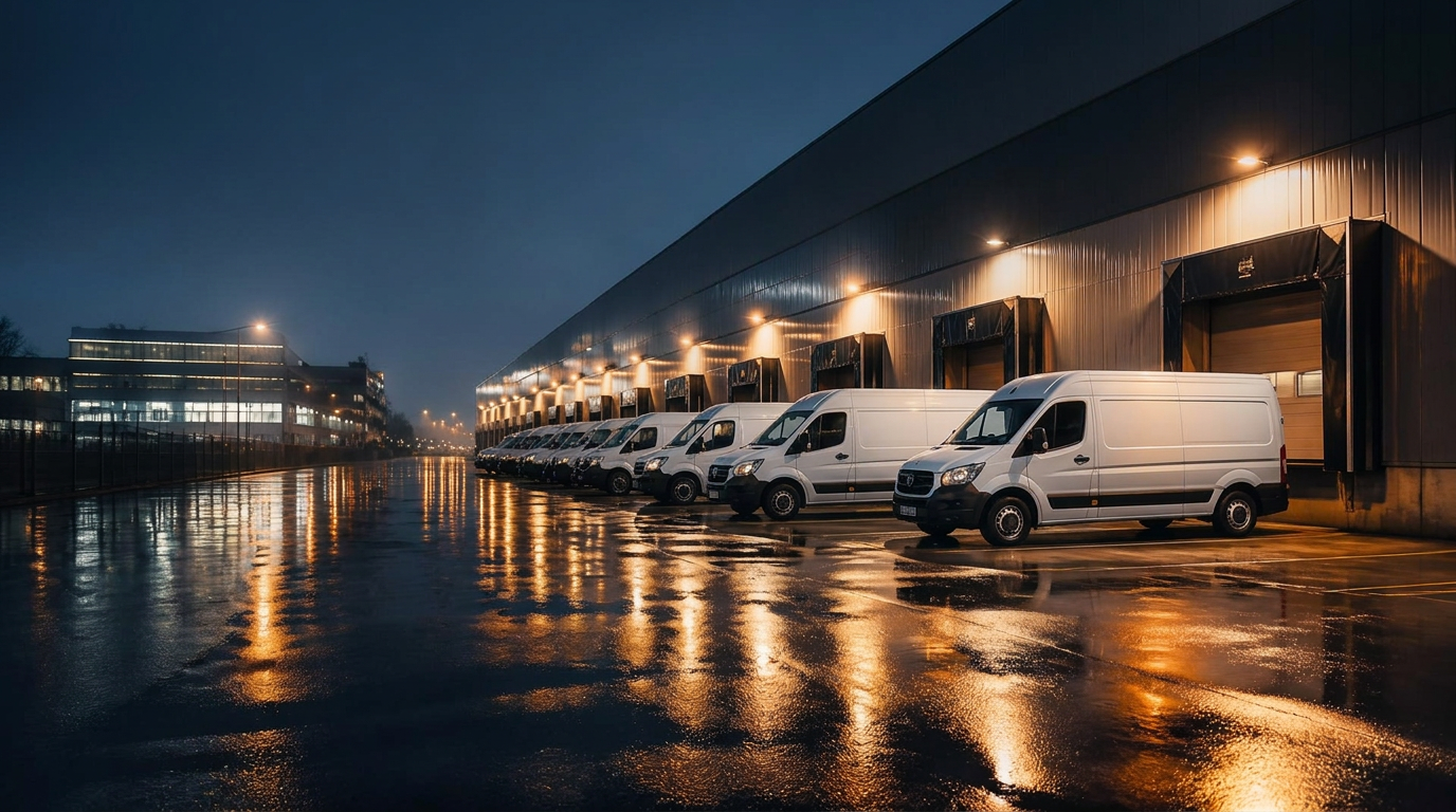 Furgoni di consegna allineati alle banchine di carico di un hub logistico europeo di notte